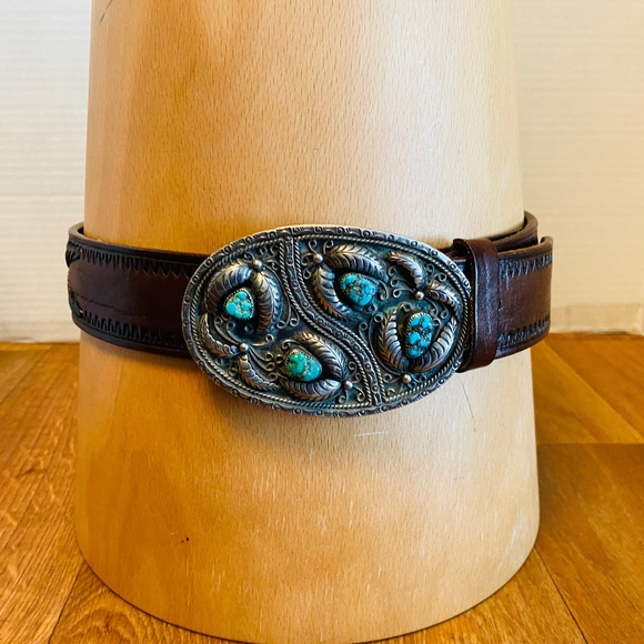 Vintage Hallmarked, Sterling Silver Turquoise leather Belt, 34". - Picture 1 of 5